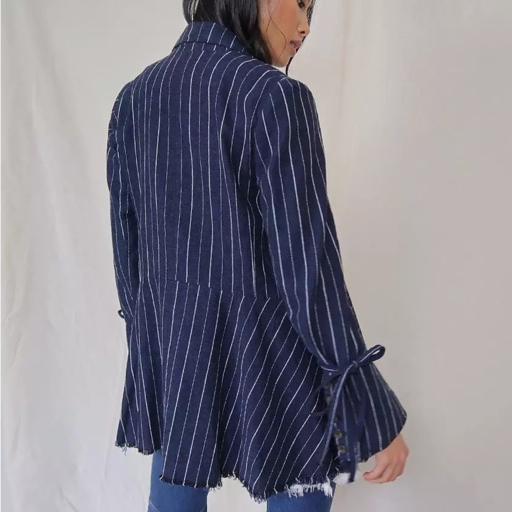 FREE PEOPLE Stella Striped Frayed Hem Blue Blazer Size XS Linen Coastal Office - Picture 2 of 11